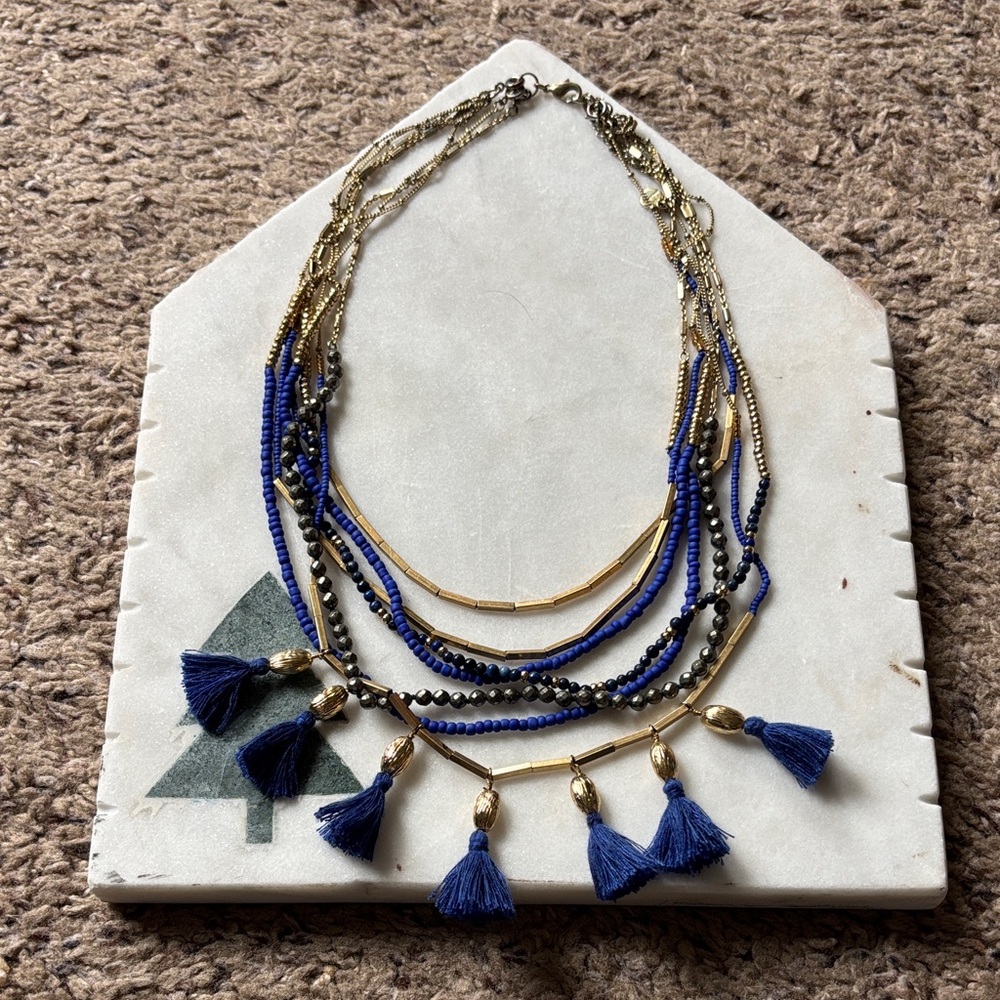 Stella & Dot Blue and Gold Multi-Strand Tassel Necklace